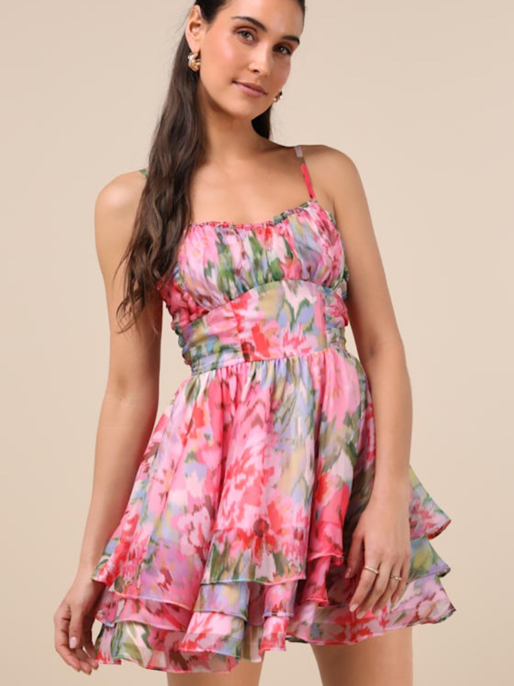 Lulus Evonne Pink Abstract Floral Tiered Mini Skater Dress - Size XL